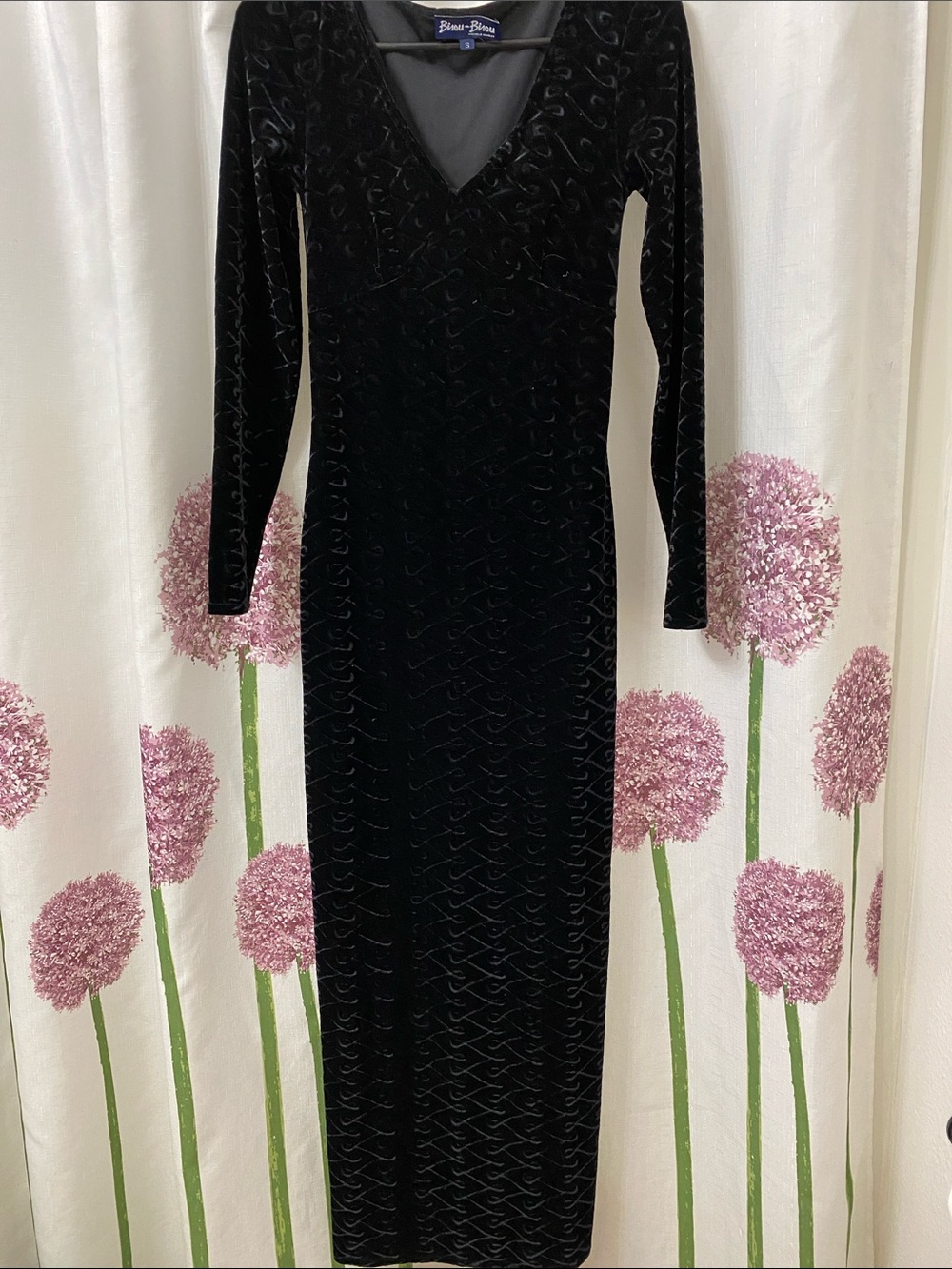 Bisou Bisou Black Velvet Burnout Pattern Fitted Long Sleeve V-Neck Maxi Dress